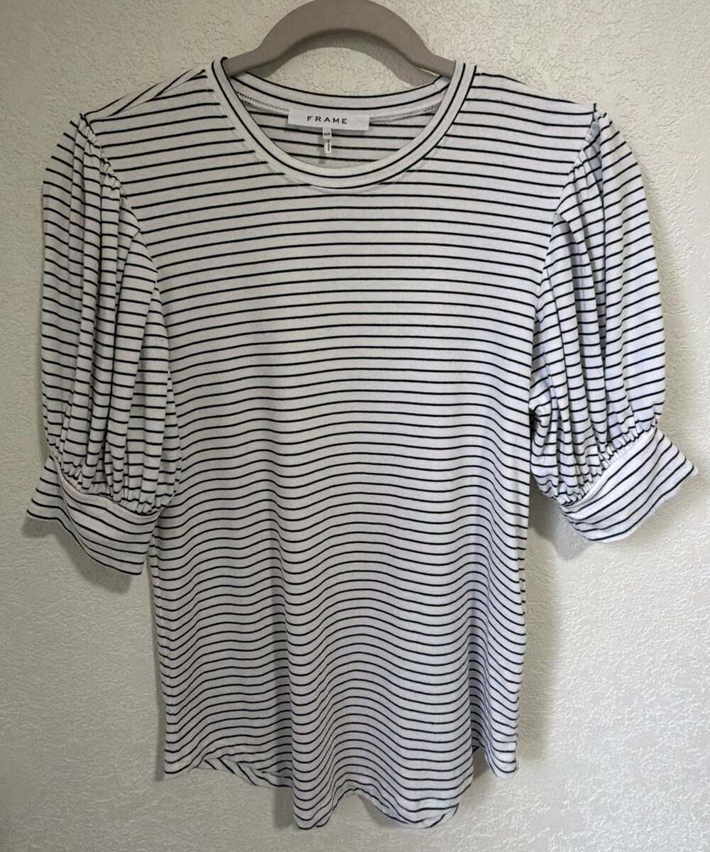 FRAME Balloon Sleeve Striped Tee Size S/P Black White